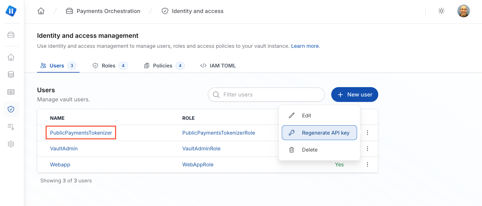 The Identity and access management page of a Piiano Vault sandbox account on the User tab showing the Regenerate API Key option on a user's three-dot menu.