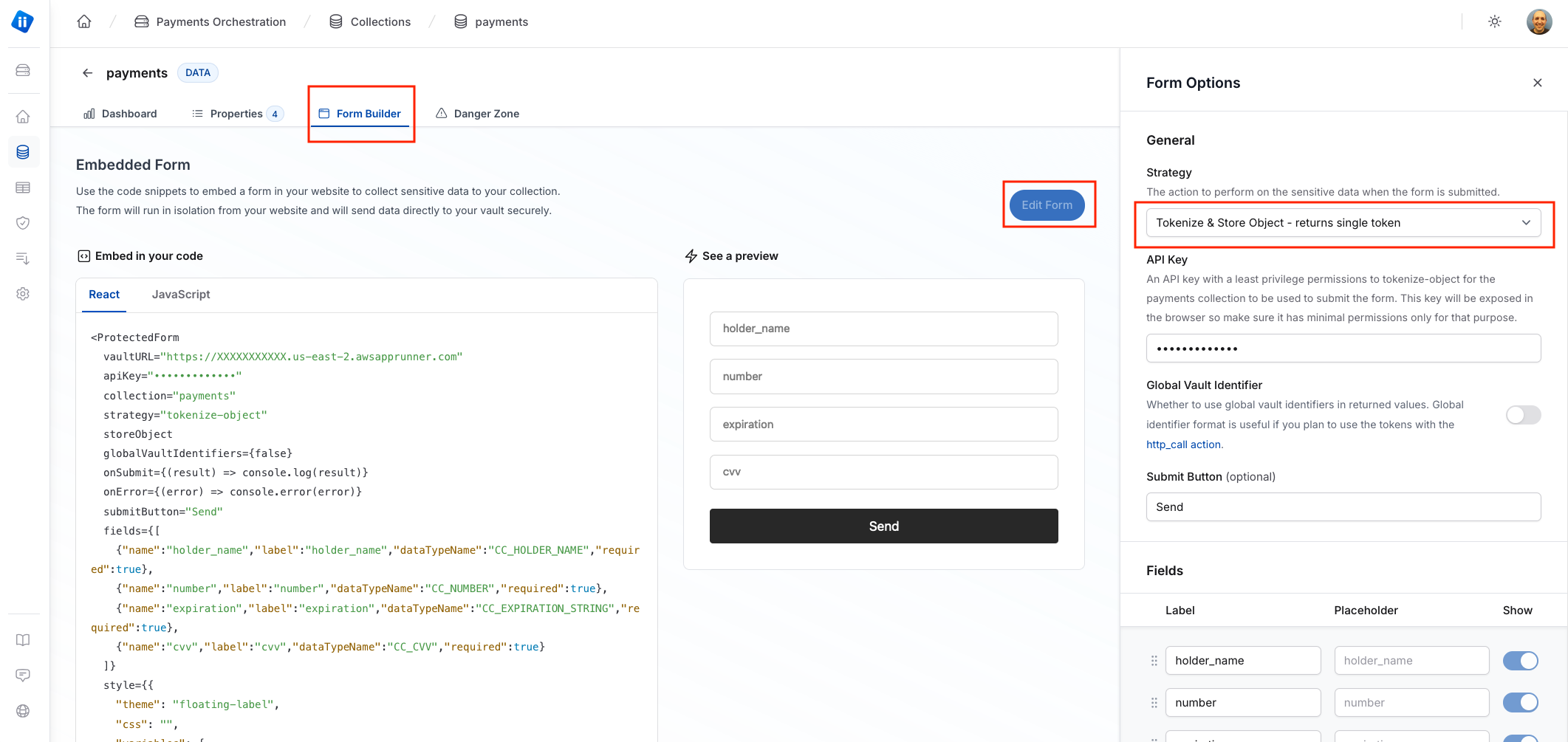 The payments collection page of a Piiano Vault sandbox account on the Form Builder tab showing the Edit Form button and the field where the generated API key is added.