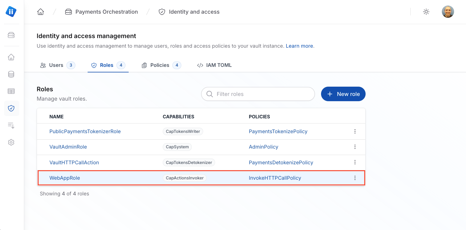 The Identity and access management page of a Piiano Vault sandbox account on the Roles tab showing the WebAppRole role containing the CapActionsInvoker capability and the InvokeHTTPCallPolicy policy.