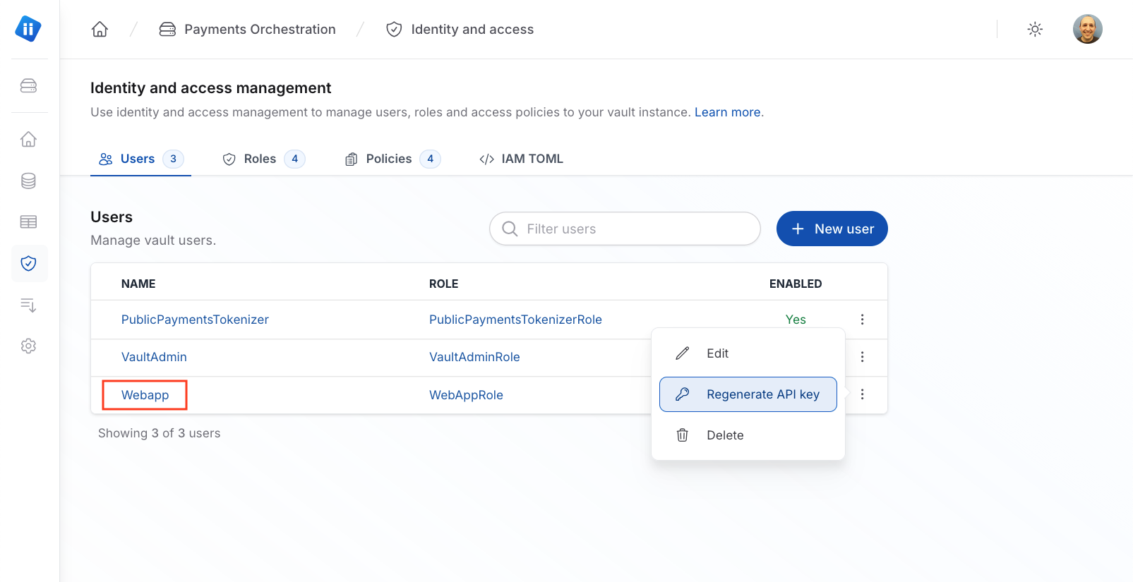 The Identity and access management page of a Piiano Vault sandbox account on the User tab showing the Regenerate API Key option on a user's three-dot menu.