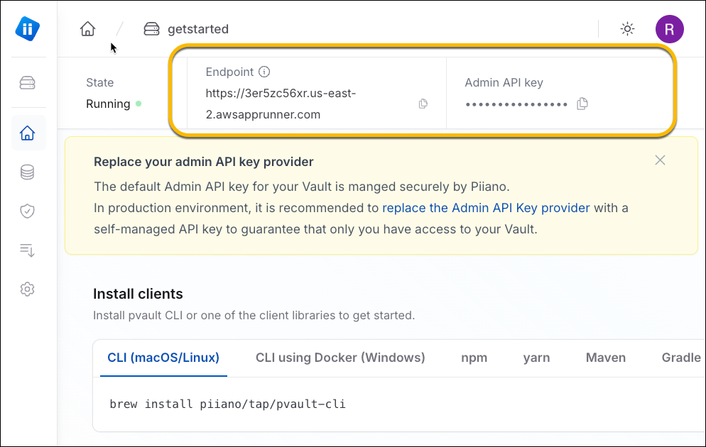 The dashboard page for a Piiano Vault sandbox account highlighting the sandbox URL and API key.