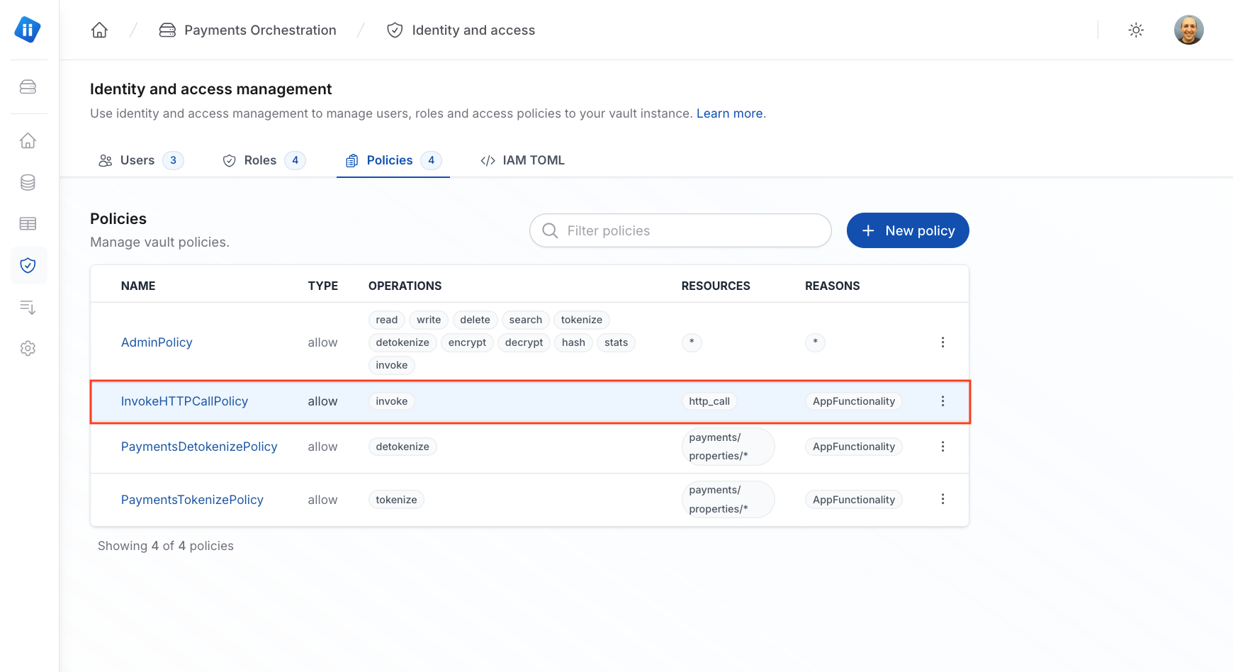 The Identity and access management page of a Piiano Vault sandbox account on the Policies tab showing the InvokeHTTPCallPolicy policy with the invoke operation set for http_call.