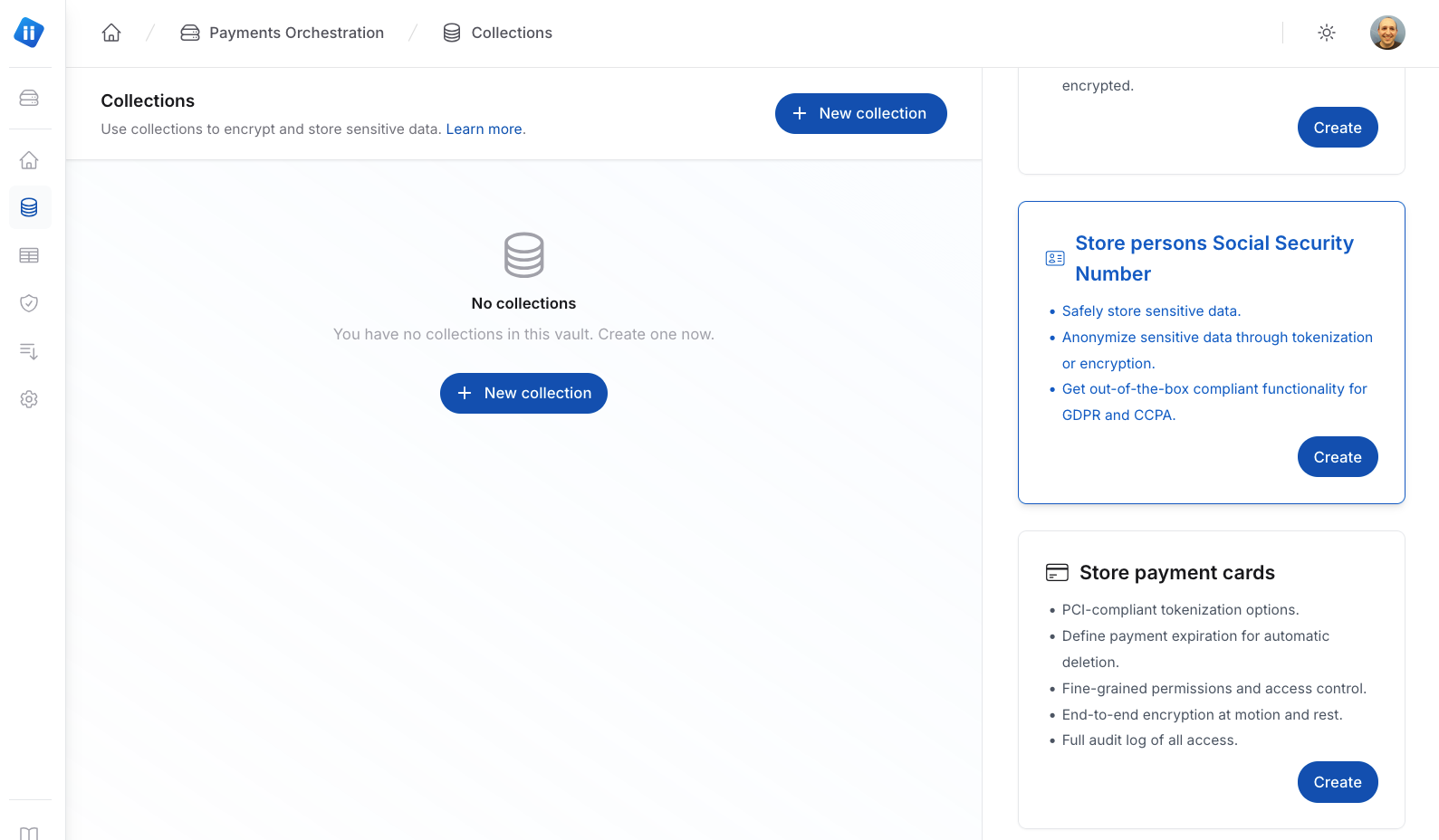 The Collections page of a Piiano Vault sandbox account showing the option to create a collection for storing payment card details.